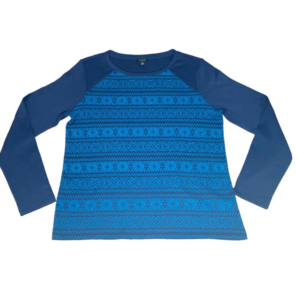 TALBOTS Pullover Crew Neck Nordic Geometric Navy‎ Blue Long Sleeve Top Size M
